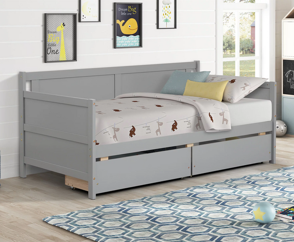 Twin Daybed with 2 Storage Drawers on Casters, Wood Captains Bed Sofa Bed Frame with 3 Drawer Stoppers for Bedroom Living Room, No Box Spring Needed, 250 lbs Weight Capacity, Gray