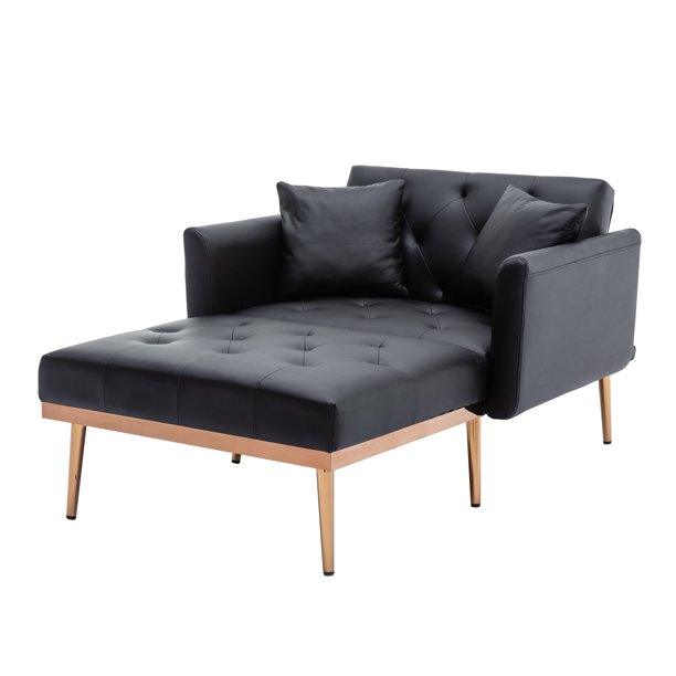 Modern Chaise Lounge Chair, PU Leather Sofa Chair with Two Pillows, Recliner Chair with Adjustable Angles, Convertible Sleeper Chair for Living Room Bedroom, Black