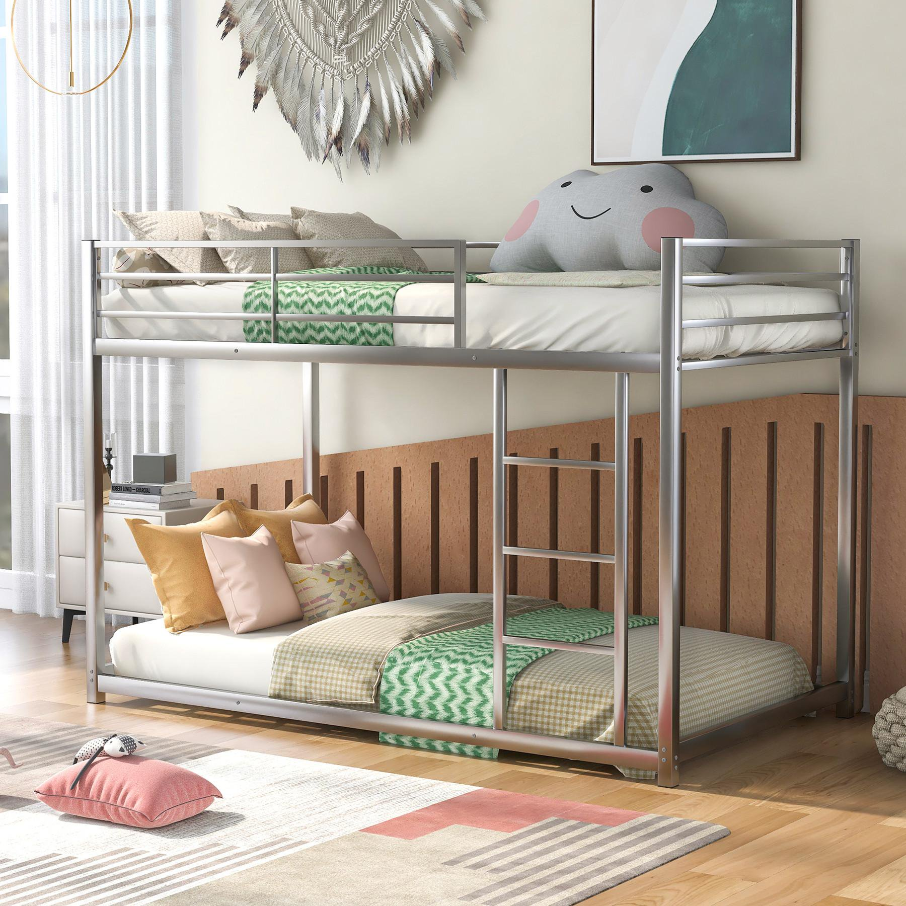 Twin Over Twin Low Bunk Bed for Kids, Metal Bed Frame with Ladder, Load-Bearing 400lb, Siver 77.1x40.5x53.7inch