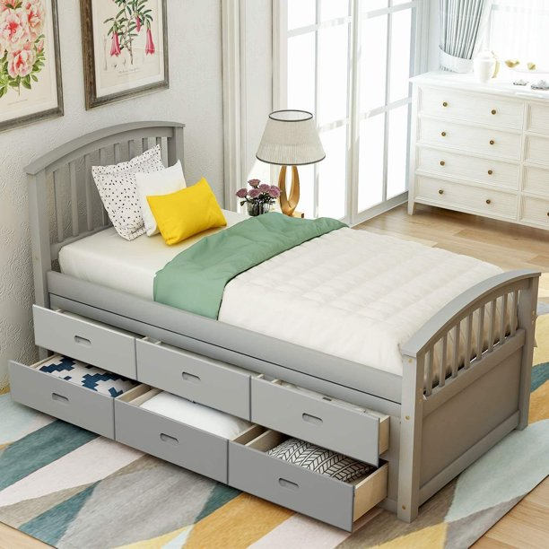 Twin Size Platform Storage Bed Wood Platform Bed with 6 Drawers, Captains Bed Bedroom Furniture with 6 Drawers,White