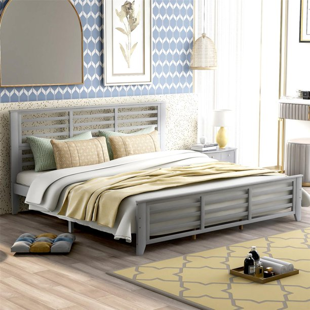 Platform bed with horizontal strip hollow shape/Wood Slat Support/Easy Assembly, King size, Gray