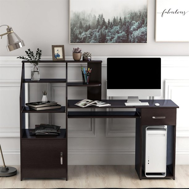 Home Office Computer Desk, Writing Study Desk with Drawer, Shelves, Cabinet, Hutch, Workstation with CPU Keyboard Storage and Bookshelf, Modern Wood Table for Small Space Kids Teens, Espresso