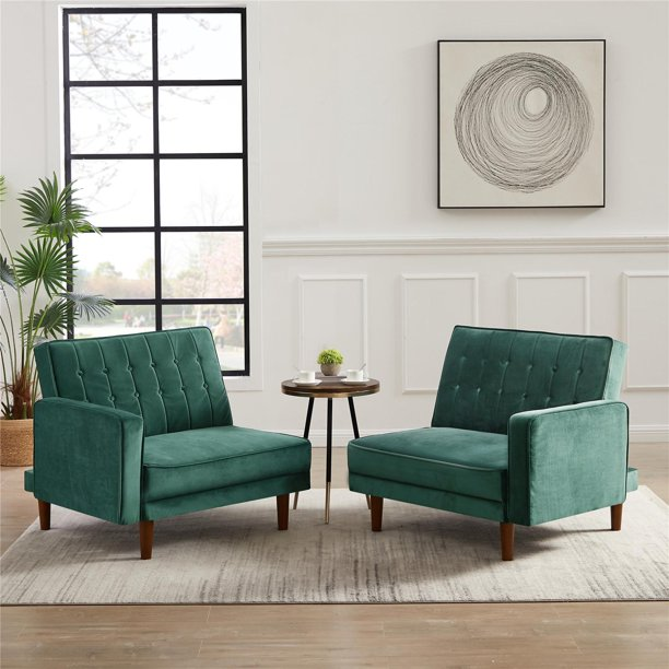 Split Sofa Futon Sofa Bed, Convertible Sofa Couch with Wood Legs, Comfortable Velvet Sleeper Sofa Bed with 2 Seat, Green