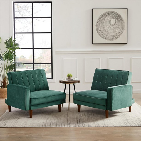 Split Sofa Futon Sofa Bed, Convertible Sofa Couch with Wood Legs, Comfortable Velvet Sleeper Sofa Bed with 2 Seat, Green