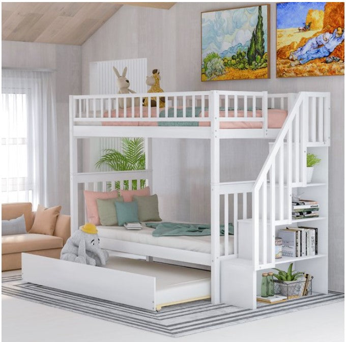 Modern Twin Over Twin Wood Bunk Bed with Trundle and Storage, Solid Hardwood Twin Bunk Bed Frame with Ladder and Stairs for Kids Adults, Saving Space, White