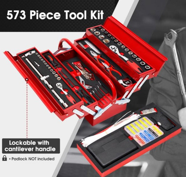 INCLAKE 573PCS Electrician Automative Mechanic Tools Set, Hand Repair Tool Kit with 3-Layer Drawer Heavy Duty Metal Box, Include Professional Socket Wrenches Screwdriver DIY Tool Storage Case