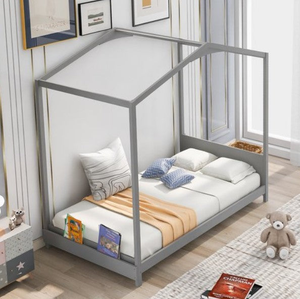 Twin Size Toddlers Platform House Bed Wood Floor Playhouse Bed Frames with Headboard and Footboard for Kids Boys Girls, Gray