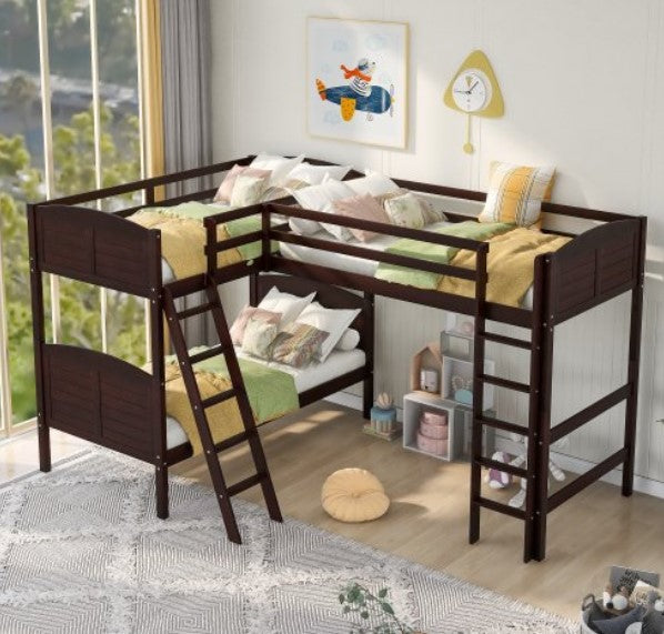 Triple Loft Bunk Bed for Kids, Twin-Over-Twin-Over-Twin Wooden Bunk Bed, L-Shaped Bed Frame with 2 Drawers, Safety Ladders and Guardrail