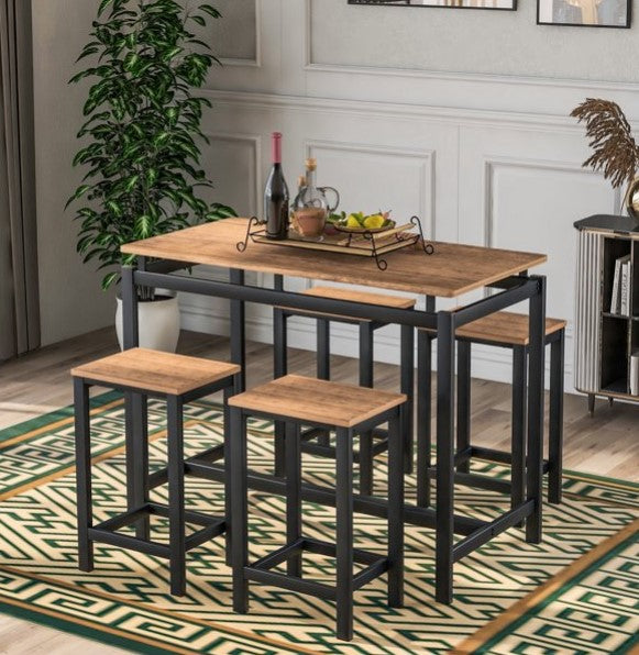 5 Pc Counter Height Dining Set-high Table, Industrial Dining Table with 4 Backless Chairs (Brown)