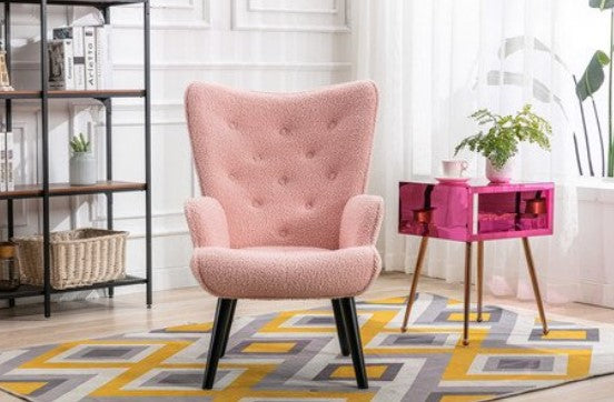 Accent Chair Tufted Button Wingback Reading Sofa Chair with Arms Upholstered Tall Back Teddy Fleece Fabric Desk Chair with Solid Wood Legs for Living Room Bedroom Waiting Room