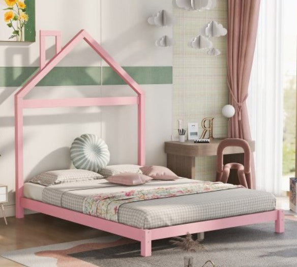 Full Size Platform Bed Frame for Kids, Low Floor Wood Bed with House-Shaped Headboard and Solid Wood Slats, Platform Bed Frame for Girls Boys Bedroom, No Box Spring Needed, Pink