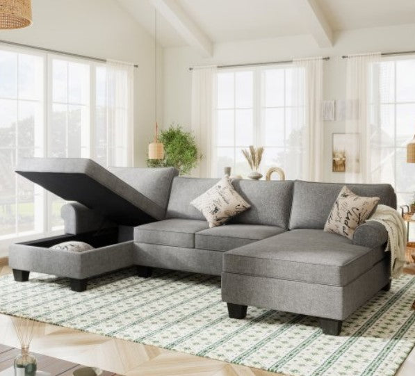 3pcs Chenille Sectional U Shaped Sofa with Double Chaises for Living Room Sectional Couch with Reversible Ottomans, Grey