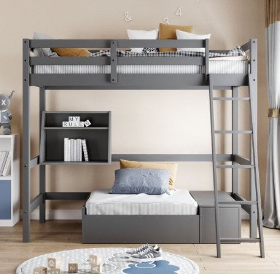 Twin Loft Bed with Storage Shelf Wood Loft Bed Frame with Convertible Lower Bed, Twin Size Loft Bed with Drawer and Ladder, Separated Loft Bed & Twin Platform Bed for Kids Teens Adults (Gray)