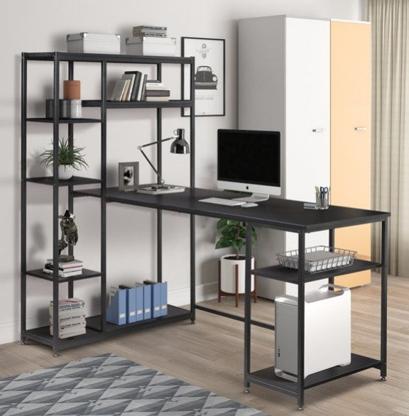 Home Office Corner Desk with Shelves, Industrial Large Computer Writing Desk With Multi-Layer Storage Bookshelves, Black 62.9"l X 35.4"w X 57.8"h