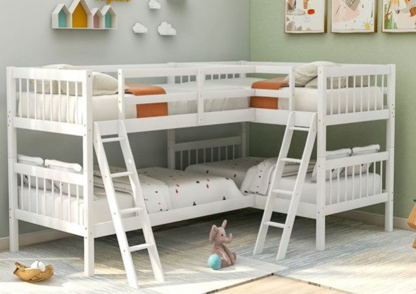 Triple Tree Twin L-Shaped Bunk Bed, No Spring Box Needed, Solid Wood Bunk Bed Twin Over Full with Ladder and Guard, White