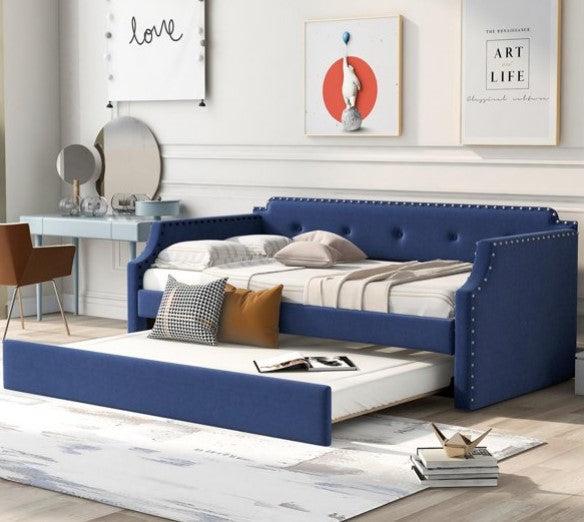 Arcticscorpion Twin Kids Daybed with Trundle, Upholstered Arms Back Support Casters, for Indoor Living Room, No Box Spring Needed, Blue, 76 x 39.4 in