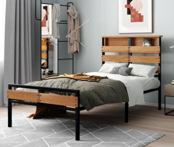 Metal and Wood Bed Frame with Headboard and Footboard, Twin Size Platform Bed, No Box Spring Needed, Easy Assembly(Black)