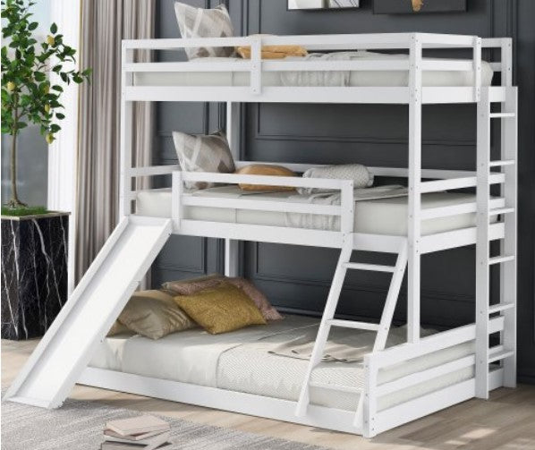 Triple Bunk Beds Twin Over Twin Over Full with Slide and Convertible Ladder, Solid Wood Triple Bunk Bed for Kids ,Teens, Boys, Girls (White)
