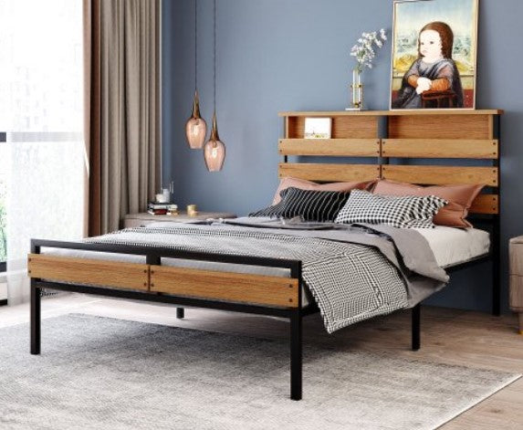 Metal and Wood Bed Frame with Headboard and Footboard, Full Size Platform Bed, No Box Spring Needed, Easy Assembly(Black)