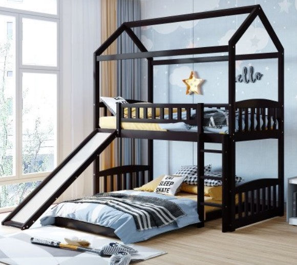 Twin Bunk Beds with Slide for Kids, L-Shaped House Bunk Beds, Slide and Ladder can be Put on Both Side, No Box Spring Needed