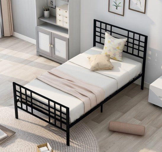 Twin Size Platform Bed, Metal Tube and Iron-Art Bed Frame with Headboard and Footboard, Single Platform Mattress Base for Kids/Teens/Adults, No Box Spring Needed (Black + Stainless Steel + Twin)
