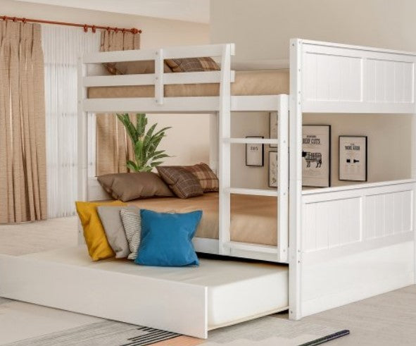 Full Over Full Bunk Bed with Twin Size Trundle, Pine Wood Bunk Beds Full Over Full with Safety Rail & Ladder, Convertible To 2 Full-Size Platform Bed, Bunk Bed for Kids Girls Teens Adults