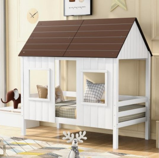 Low Loft Bed Twin Size, Solid Wood House Bed Frame with Two Front Windows, Roof, Guardrail for Kids, Teens, No Box Spring Needed (Antique White)