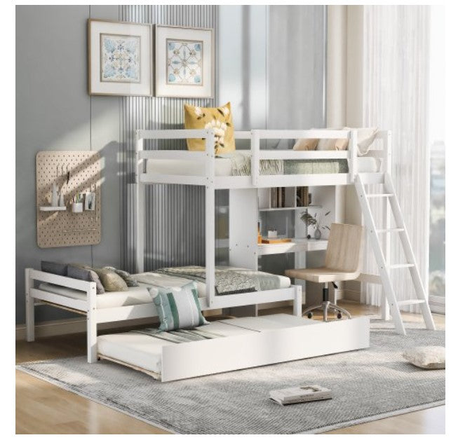 JINS & VICO Twin Over Twin Bunk Bed with Convertible Built-in Desk and Down Bed,Trundle and Ladder,White