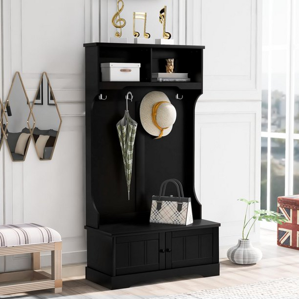 Hall Tree Entryway Storage Bench with Coat Umbralla Rack, Shoes Cabinet Organizer Table with Shelves and Hooks, Black 40x18.5x72inch