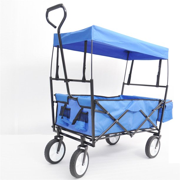 150bls Load Folding Beach Utility Wagon With Wheelsand Detachable Roof,Garden Shopping Cart, Blue