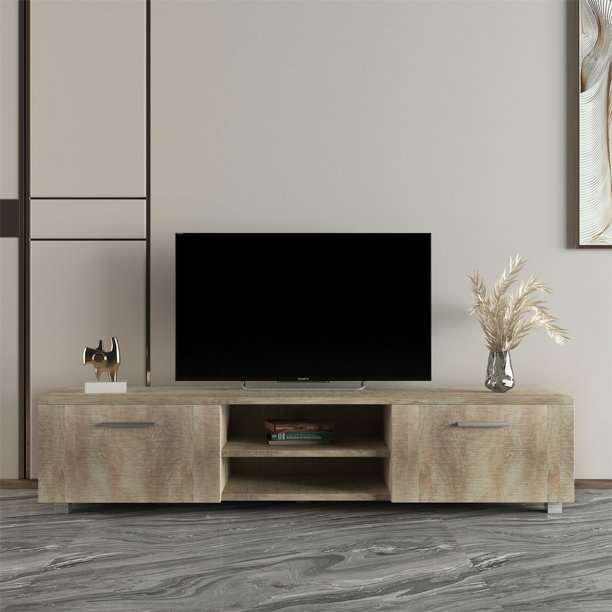 TV Stand for 65 70 Inch Flat TV, Media Console Entertainment Center Television Table with 2 Storage Cabinet and Open Shelves for Living Room Bedroom, Oak 63''Wx15.75''Dx13.78''H