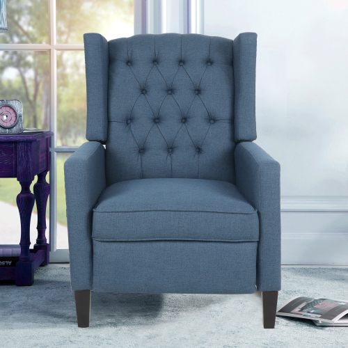 Recliner Chair, Accent Living Room Chairs, Comfy Tufted Upholstered Wingback Reading Chair Sofa, Mid-Century Modern Club Armchair, Linen/Wooden Legs (Blue)