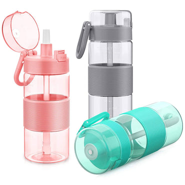 TRIPLETREE Sports Water Bottle With Straw, Tritan Plastic & Flip-Up Lid, Spring Buckle