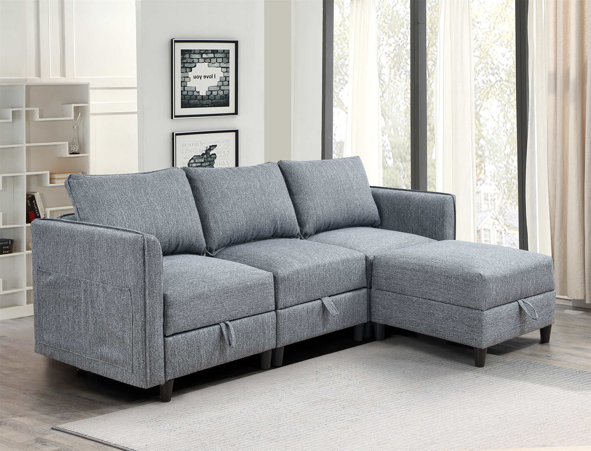 Convertible Sectional Sofa with Storage Seat, Modular Sectional Sofa, L Shaped Convertible Couch with Reversible Chaise Storage Seat with Ottomans, for Living Room, Gray
