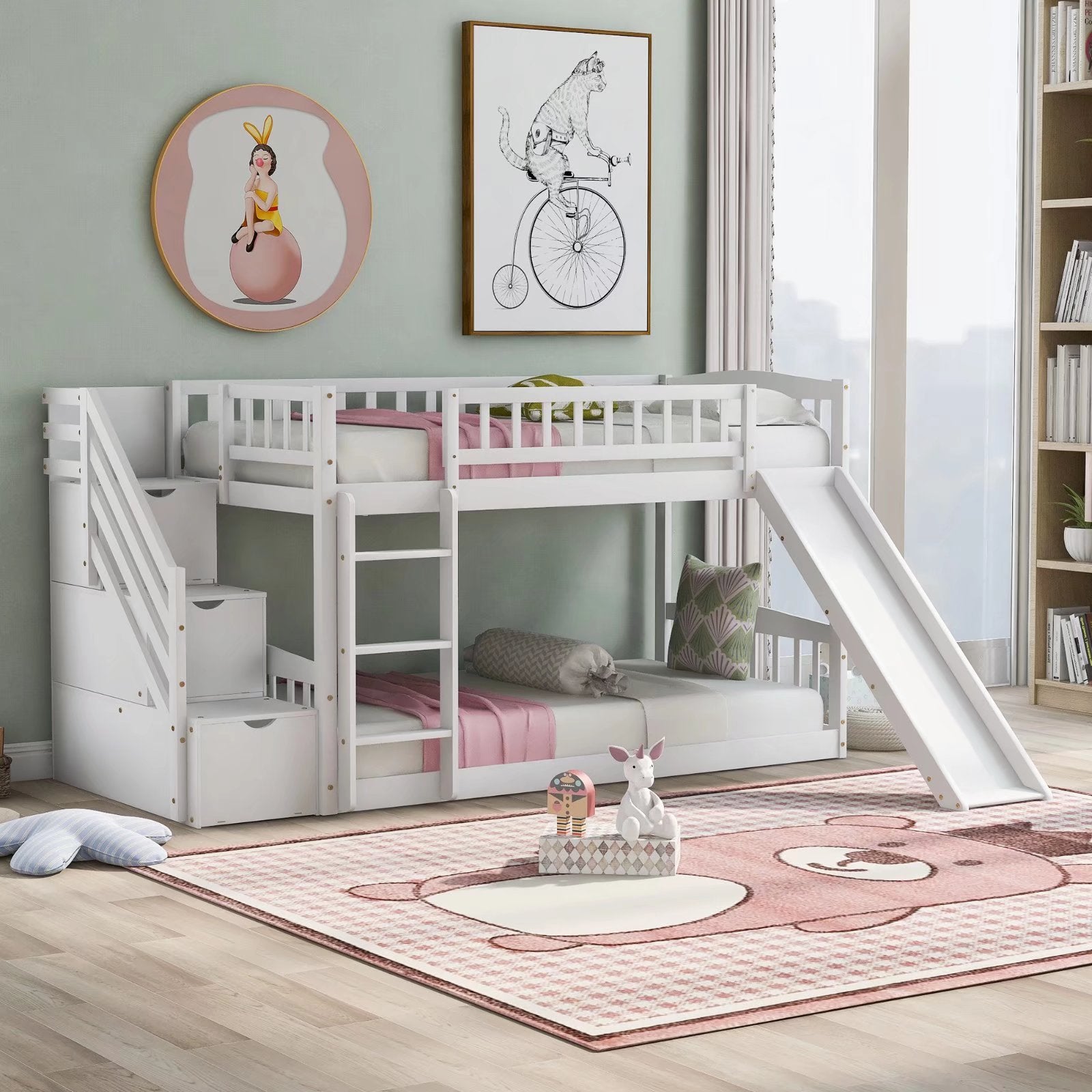 Stairway Bunk Beds Twin over Twin, Wooden Bunk Bed Frame with Kids Slide and Storage Staircase, 2-in-1 Storage Beds Frame with Ladder and Safety Guardrails for Boys Girls Bedroom, White