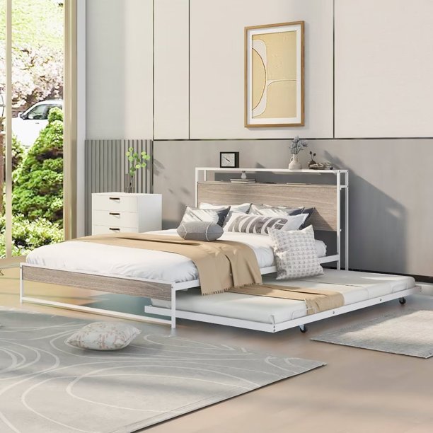 Metal Platform Bed Frame, Queen Size Platform Bed with Trundle, USB Ports and Slat Support, Trundle Bed Frame, No Box Spring Needed, White