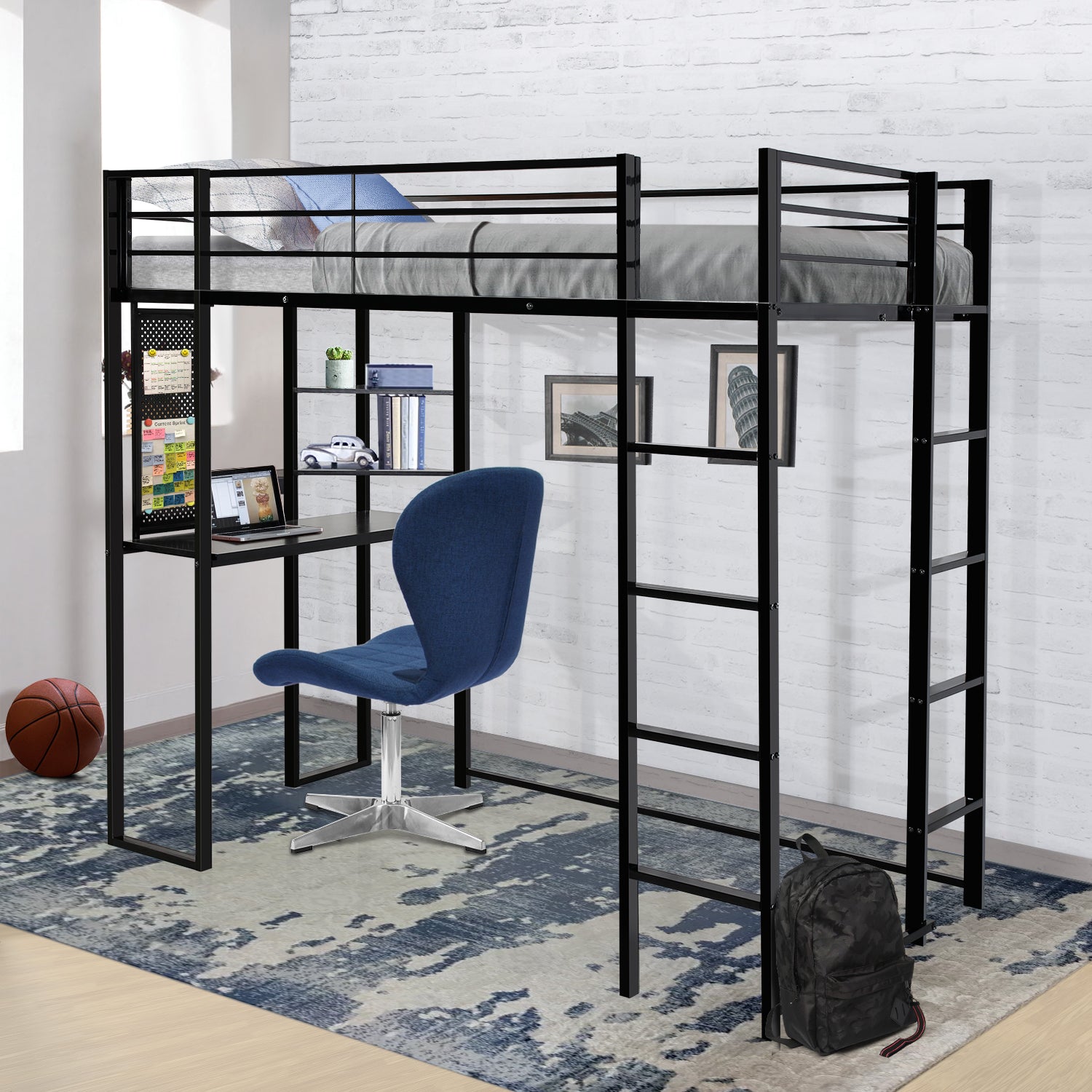 Twin Size Loft Bed with Desk and Shelves for Kids Teens Adult, Metal Bed Frame with Two Build-in Ladders and Full-Length Guardrail, Noise Free, Space-Saving Design, No Box Spring Needed