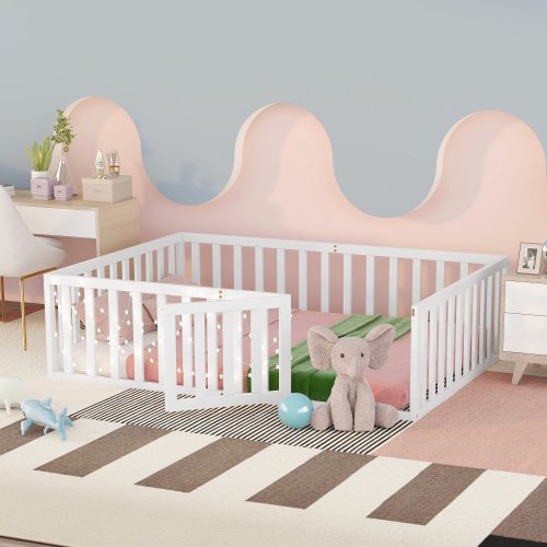 Full Size Montessori Floor Bed for Kids,Solid Wood Floor Bed Frame with Fence and Door, Bed Frame for Kids Toddlers,Box Spring Needed