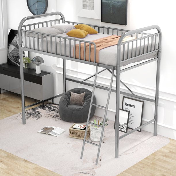Twin Size Metal Loft Bed, Heavy-Duty Slatted Loft Bed Frame with Integrated Ladders, Space-Saving Bed Frame with Safety Full-Length Guardrails for Kids Teens Adults, No Box Spring Needed, Silver