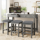 Dining Table Set, 4-Piece Counter Height Table Set with Socket and Fabric Padded Stools, Multipurpose Rustic Bar Dining Table Set with 2 Drawers,Gray
