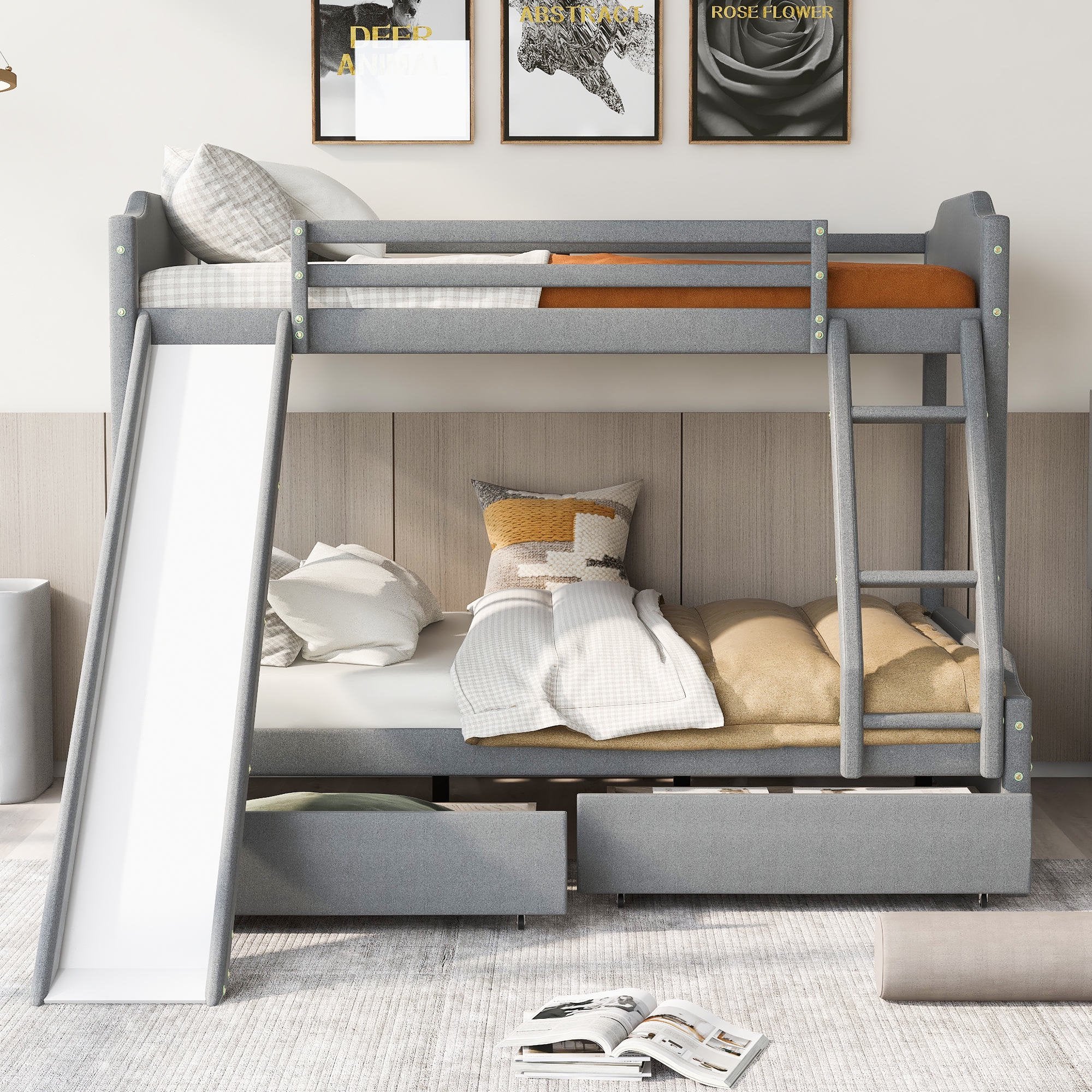 Twin Over Full Upholstered Bunk Bed with Slide and 2 Drawers, Solid Wood Bunk Bed Frame with Convertible Slide and Ladder, Headboard and Footboard, Bedroom Bedframe, No Spring Box Required, Gray