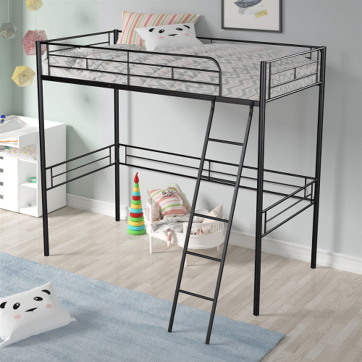 Metal Loft Bed, Twin Size Metal Loft Bed Frame with Ladder for Kids Teens Adults, Heavy Duty Loft Bed with Safety Guard Rail for Small Space Bedroom, Space-Saving Design, Noise Free, Black