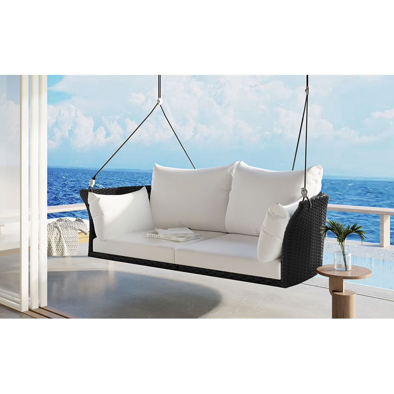 Wicker Rattan Outdoor Patio Swing Chair, 2-Person Hanging Seat, 51.9" Rattan Woven Swing Chair, Porch Swing With Ropes, Poolside Gossip Collection, Black Wicker And White Cushion