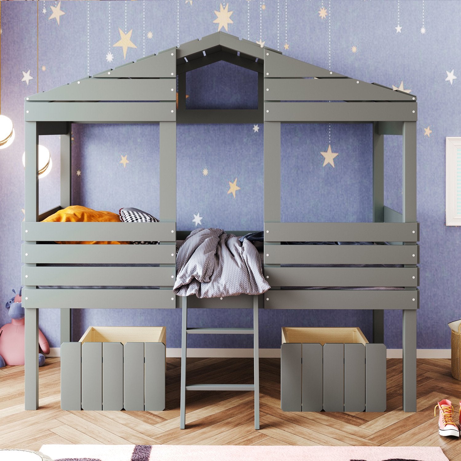Twin Size House Bed with Two Storage Drawers, Pinewood Low Loft Bed with Guardrails and Short Ladder, Playhouse Bed Frame with Windows and Roof for Boys Girls Kids, Gray