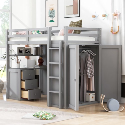 Twin Size Loft Bed with Desk and Wardrobe, Wood Loft Bed Frame with Storage Drawers and Full-Length Guardrails, High Loft Bed for Kids Teens Boys and Girls (Gray)