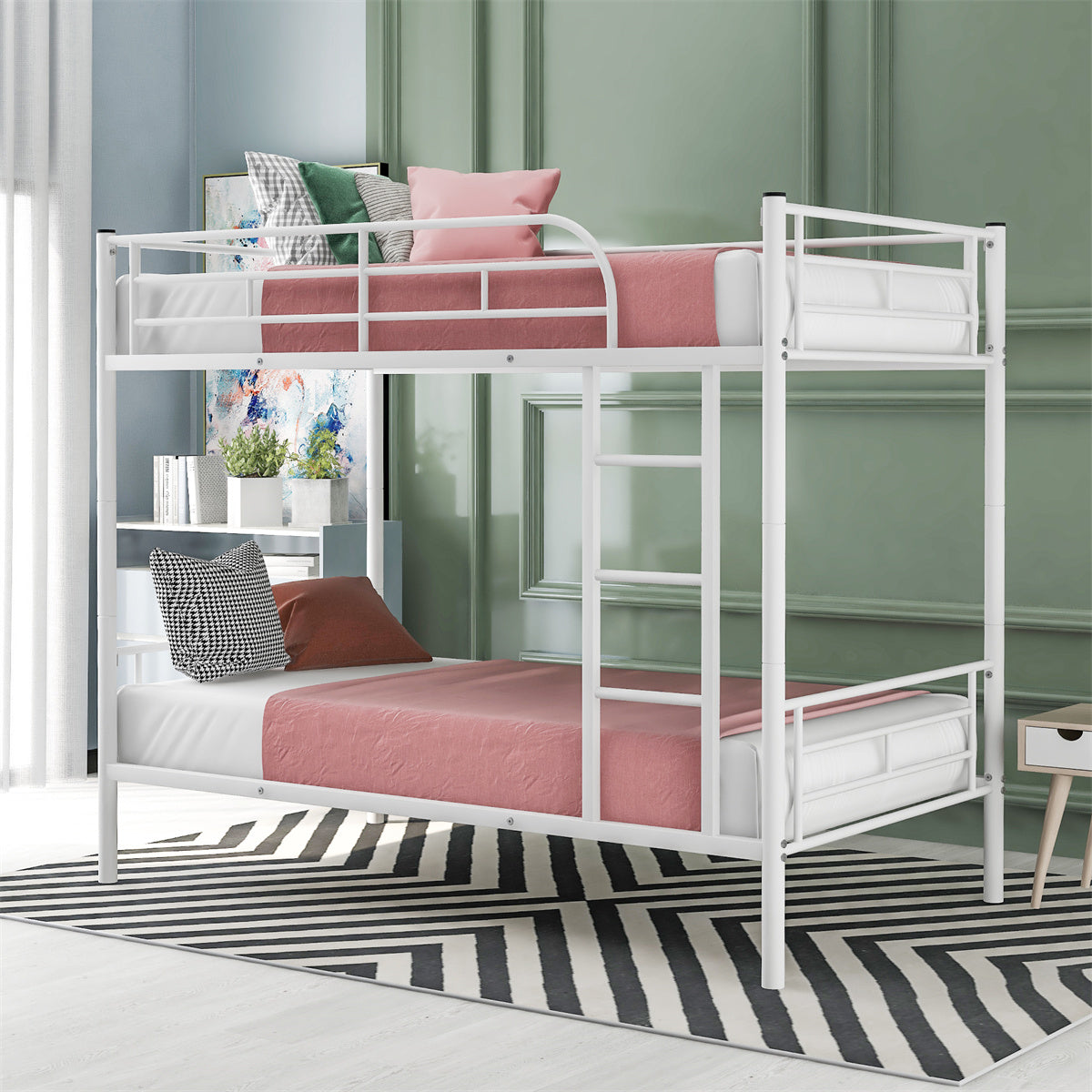 Twin Over Twin Metal Bunk Bed for Kids Teens Adults, Metal Bunk Bed Frame with Ladder and Full-Length Guardrail, Heavy Duty Bunk Bed Convertible to 2 Separated Beds, Bedroom Furniture, White