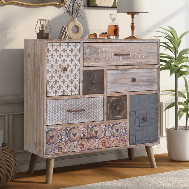 Storage Cabinet with 8 Drawers, Accent Media Console Entry Table Modern Decorative Cabinet with Wood Frame & Colorful Pattern, Sideboard Buffet Entertainment Center for Living Room Bedroom, Brown