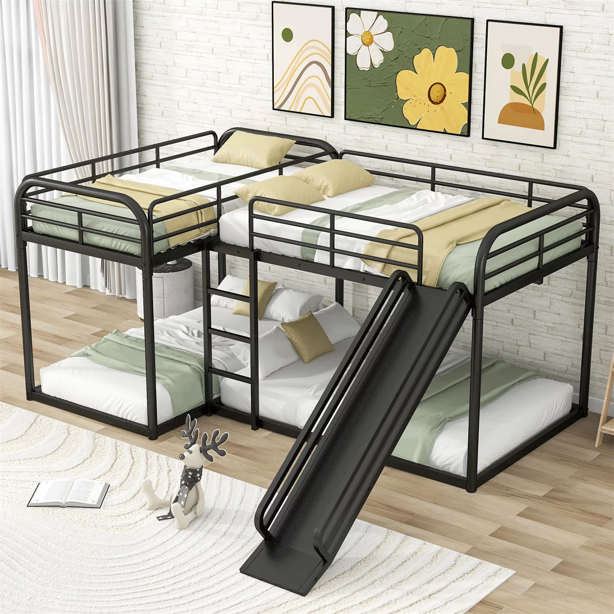 Quad Bunk Beds for 4,Full and Twin Size L-Shape Metal Bunk Bed with Slide and Short Ladder,Heavy-Duty Metal Floor Bunk Bed,Modern Corner Bunk Bed with Guardrails for Kids Teens Boys Girls,Black