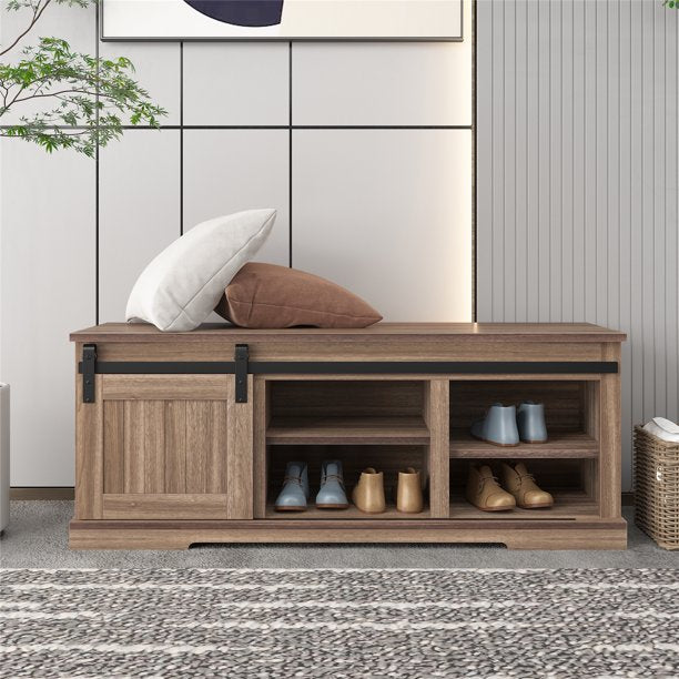 Storage Shoe Bench, Wood Console Table with Sliding Door and Adjustable Shelves, Sideboard Table for Living Room, Hallway, 46.7''L x 15.5''W x 18''H, Antique Gray