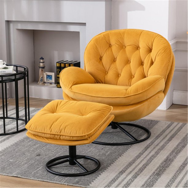 Yellow Accent Chair with Ottoman, 360 Degree Swivel Velvet Upholstered Chair, Lounge Armchair with Metal Base Frame for Living Room, Bedroom, Office